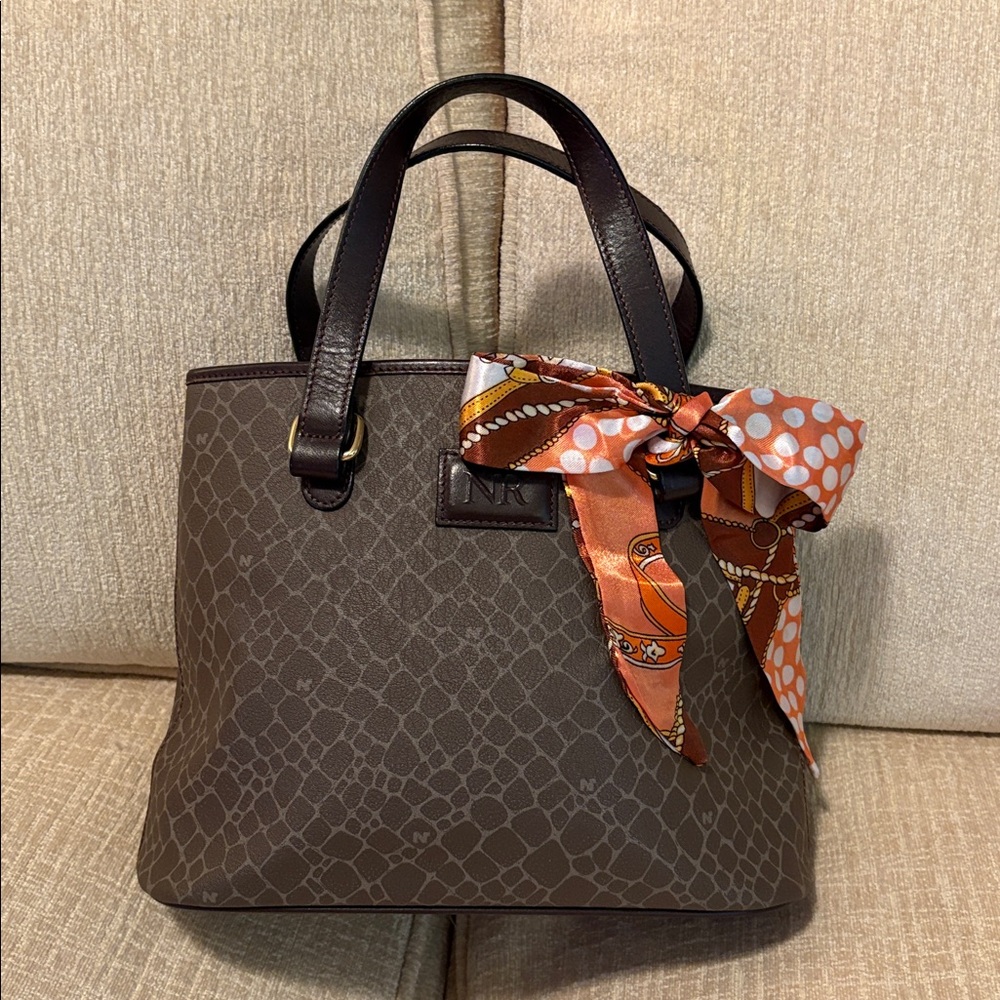 👜 Nina Ricci Brown Patterned Tote with Orange Accent Scarf